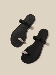 Water Diamond Flat Heel Womens Sandals 2025 New Style Genuine Leather Summer Simple Beautiful Buckle Toe Slip-On Slippers