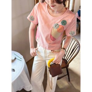 เสื้อยืดแขนสั้นผ้าฝ้ายลายดอกไม้สไตล์ญี่ปุ่นฤดูร้อน ทรงเข้ารูป ปกติ คอกลม เสื้อผ้าทำงานสไตล์ญี่ปุ่น แฟชั่นสตรี
