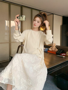 Sweet Embroidered Lace Print Patchwork Long Dress Womens Spring Autumn New Style Slimming Elegant A-Line Dress Commute Style