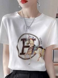 Silk Short Sleeve T-Shirt Womens Summer New Print  Silk Patchwork Cotton Half Sleeve Short Style round Neck Top