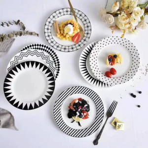 Elegant Porcelain Dinner Plate Set 10" + 8" Polka Dot / Diamond Checkered