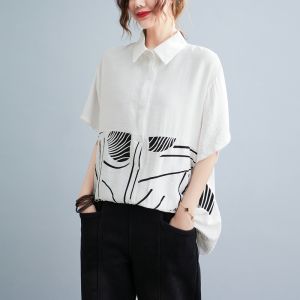 Plus Size Ladies Artistic Stitching Plus Size Shirt Loose Slim Looking Short Sleeve T-shirt Summer Casual Print Anti-Aging Top Women