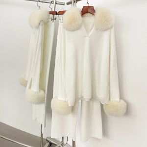 Áo Len Dệt Kim Cổ Lông Cáo Thật Phối Lông Chồn Kiểu Dáng Thường Ngày Chất Liệu Co Giãn Cao Thời Trang Thu Đông Kèm Quần Nữ