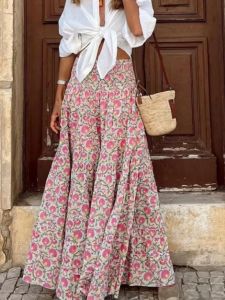 Plus Size Womens Clothing Chubby Girl Bohemia Elastic High Waist Floral A- line Fashion Mid-Length Skirt Beach Skirt Fashion