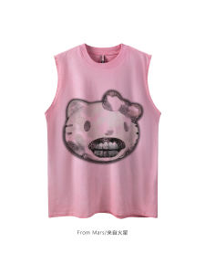 Luminous Teeth Retro Washed Cat Print Sleeveless T-Shirt Vest Loose Summer Fashion from Mars Brand Sun Protection Accessories