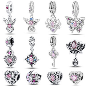 Classic Silver Plated Lotus Guardian Angel Heart-Shaped Zircon Charms Beads Fit Qikaola 925 Original Bracelets DIY Jewelry Gifts