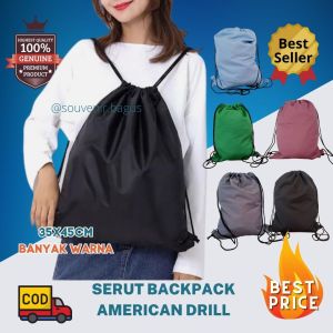 Stringbag Drill Drawstring Serut Backpack Sepatu Tas Punggung Tas Gym Sack Haji Umroh - hijau