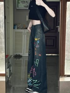 High Waist Straight Leg Jeans Womens plus Size Loose Fit Graffiti Design American Style Slimming Wide Leg Retro Pants