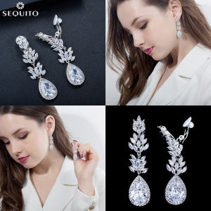 SEQUITO ต่างหูคริสตัลแบบไม่เจาะรูดี 30g สำหรับผู้หญิง คลิปหนีบผม สำหรับงานปาร์ตี้ ทรงหยดน้ำยาวเพชรสังเคราะห์ AAA ไม่มีการเจาะ SE742