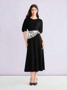 Summer New Fashion Elegant Round Neck Printed Waist-Cinched Lantern Sleeve Dress