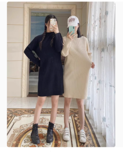  Winter Long Knitted Black Dress Straight Cut Hebe Style Faux Fur Vest Long Sleeve High Collar Base Layer Maxi Dress