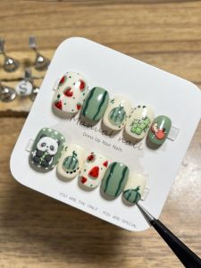 Detachable Handmade Green Bamboo Cartoon Panda Short Wearing Nail Art Stickers Cute White Enhancing Removable Nail Tips