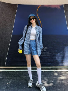 Blue Plaid Womens Summer New Style Casual Loose Long Sleeve Sun Protection Shirt Thin Outerwear Spring Autumn High Sensation