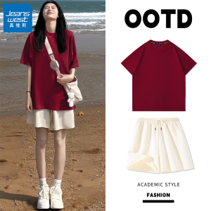 Jeanswest Womens Short Sleeve Shorts Set Summer 2025 Loose Fashionable Age-defying One-piece Cotton round Neck Casual Sportswear