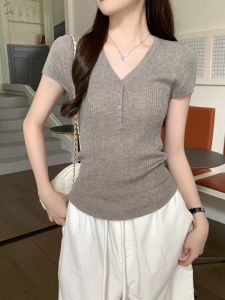 GUZILIAN | Korean Style V-Neck Button Short Sleeve Knitted T-Shirt Women Summer Slimming Casual Versatile Shoulder Top Commute Fashion