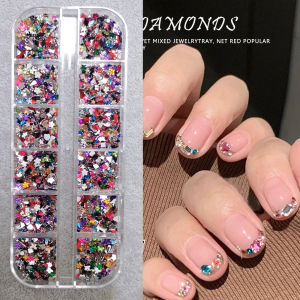 12Grids Mixed-Shape Flatback 3D Mini Nail Art Rhinestones Gold/Silver/White Diamond Gem Nails Charms Shiny Manicure Decorations