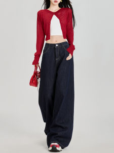 Deep Blue Wide Leg Denim Jeans Womens Fall Winter New Small Size American Lazy Casual Straight Floor-Length Pants