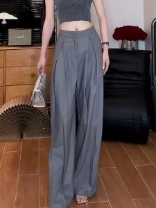 Gray High Waist Straight Leg Pants Womens Summer New Long Tall Wide Leg Pants Drapey Floor-Length Suit Trousers Korean Style