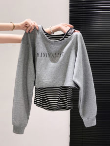 LUOSHAO | Sloping Shoulder Striped Patchwork Long Sleeve T-shirt Set for Autumn and Early Winter