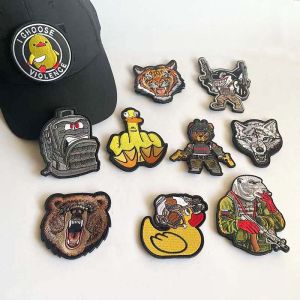 BearSharkTigerWolfDuck Fabric Badges Embroidered Applique Hook and Loop PatchesFunny Military Stickers Tactical Emblemen
