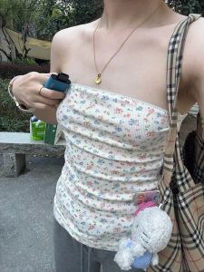 American Style Spicy Girl Lace Trim Floral Tube Top Vest Women Summer Design Slim Fit Sleeveless Trendy Printed Short Style