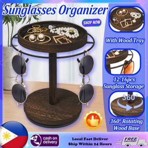 360° Rotating Wooden Display Stand With Wood Tray And Base Sunglasses Organizer Rack Jewelry Storage Rack Space Saving Eyeglass Holder Stand Glasses Holder Storage For Table Dresser Nightstand Desk Display Rack For Home Store