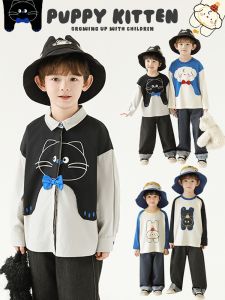 Casual Cartoon Long Sleeve round Neck T-Shirt for Boys Loose Fit Spring New Arrival Breathable Cotton Blend Fabric Childrens Wear