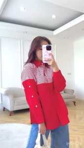 SJM KEMEJA SALUR MERAH PUTIH TANGAN KANCING FASHIONABLE KATUN POPLIN PREMIUM 605