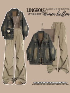 plus Size Autumn High Waist Slimming Casual Denim Jacket Strap Set Womens Hong Kong Style Three Piece Suite Fashion Ensemble