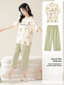 Miiow | Pure Cotton Cat Person Sleepwear Women Summer Thin Short Sleeve Overhead Seven Pants Cute Sweet Wearable Home Clothes Set