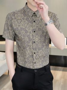 HENGYUANXIANG | Hengyuanxiang Summer New Ice Silk Thin Short Sleeve Shirt Mens Handsome High-end Half Sleeve Slim Floral Shirt Male Polyester Fiber