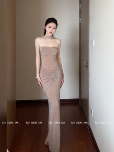 Xzy/Xin Zhengyan Plus Size Ladies Pure Desire Fancy Silm Tube Top Dress Womens French Rhinestone Ruched Dress