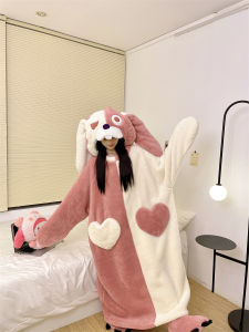 Thickened Long Coral Fleece Rabbit Sleep Robe Womens Autumn Winter Cute Cartoon Home Clothes One-Piece Sleepwear Youth Size