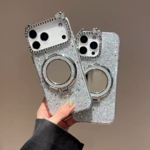 Folding Mirror Bracket Glitter Powder Dropper Phone Case for iPhone 11 12 13 14 15 16 17 Pro Max Plus Air 16E Casing Simple Anti-Fall Soft Cover for iPhone 16 Case