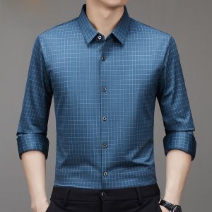 HENGYUANXIANG | Spring Autumn Plaid Long Sleeve Mens Shirt Elastic No Ironing Business Casual Premium Shirt Comfortable Nylon Spandex Blend
