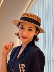 Spring Hat Womens British Straw Hat Womens Small Brim Sun Hat Flat Top Hat All-Match Fashion Small Fresh Sun Hat Men
