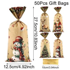 Túi Quà Giáng Sinh Cổ Điển 25/50 Cái Kèm Dây Buộc Họa Tiết Ông Già Noel & Cây Thông Noel Chất Liệu Nhựa Gấp Gọn Dùng Cho Các Dịp Lễ Hội