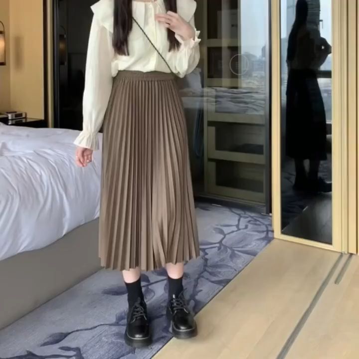 🔥 Women Skirt Satin Pleated Skirts Plain Vintage High Waist A