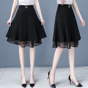 Black Mesh Half Skirt High Waist Midi A-Line Slimming Womens Spring New Style Korean Version Pure Color Commute Skirt