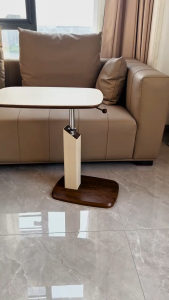 Bàn trà di động nâng hạ xoay 360° – Model KO268 – Khung thép không gỉ mặt da yên ngựa gỗ nguyên khối đa năng dùng phòng khách – 55–77cm