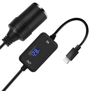 USB-C PD Type-C to 12V Car Charger Lighter Adapter with Voltage Voltmeter C 5V to 12V Step Up Socket Converter Cable