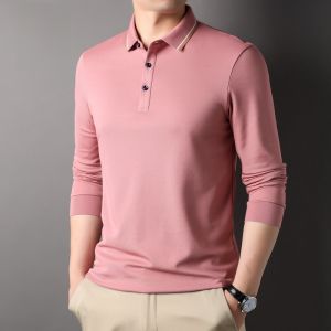 ROMON | Lormen Mens Long Sleeve Polo Silk Cotton Business Collared T-shirt Youth Fashion Urban Style Standard Fit Antibacterial
