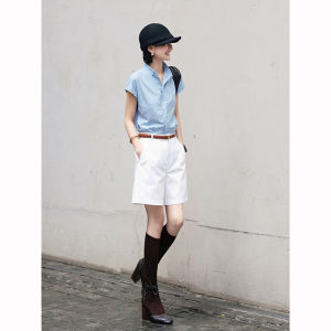 BOGUDU | Youthful Summer Loose Blue Mandarin Collar T-Shirt White Shorts Set