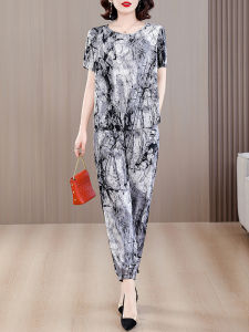 Ladies Cotton Silk Sleepwear Summer Thin Artificial Cotton Short Sleeve Harem Nine Points Pants Home Clothes for Middle-Aged And Elderly