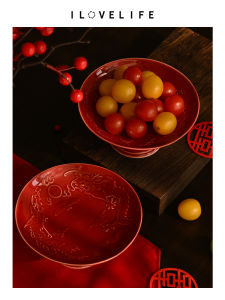 Red Ceramic High-legged Wedding Fruit Basket Chinese Style Living Room Tea Table Decoration Essential Wedding Celebration Supplies