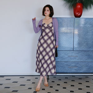 MIUCO ชุดเดรสยาวแขนยาวสีม่วงสไตล์เกาหลี ทรงเอ กระโปรงทรงเอ ชุดเดรสสองชิ้น คอวี แขนยาว ทรงเข้ารูป สำหรับผู้หญิง