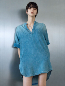 MO&Co. | Cotton Tencel Denim Dress Small Stand-Up Collar V-Neck Loose Fit