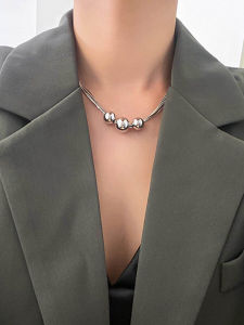 Silver Metal Ball Titanium Steel Color Retaining Trendy Necklace Retro Multi-Layer Sweater Chain round Beads Choker Temperament Women Men