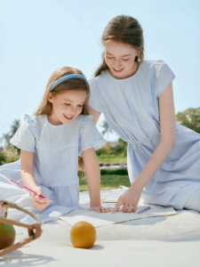 XIANGYING | Mother Daughter French Summer New Cotton Blue Short Sleeve Dress