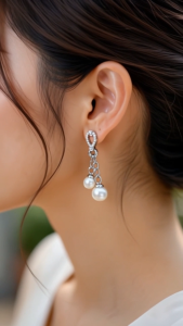 [SG{ Silver Crystal Pearl Tassel Earrings | Double Pearl Drop Earrings | Elegant Dangle Earrings | ear me out (EMO-68)